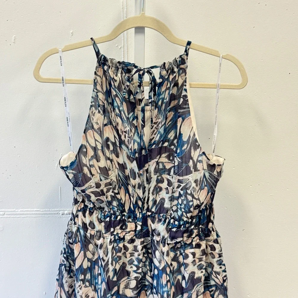 Anne Klein Butterfly Print Halter Midi Dress Blue Size 4 Ruffle‎ Neck Tie Back